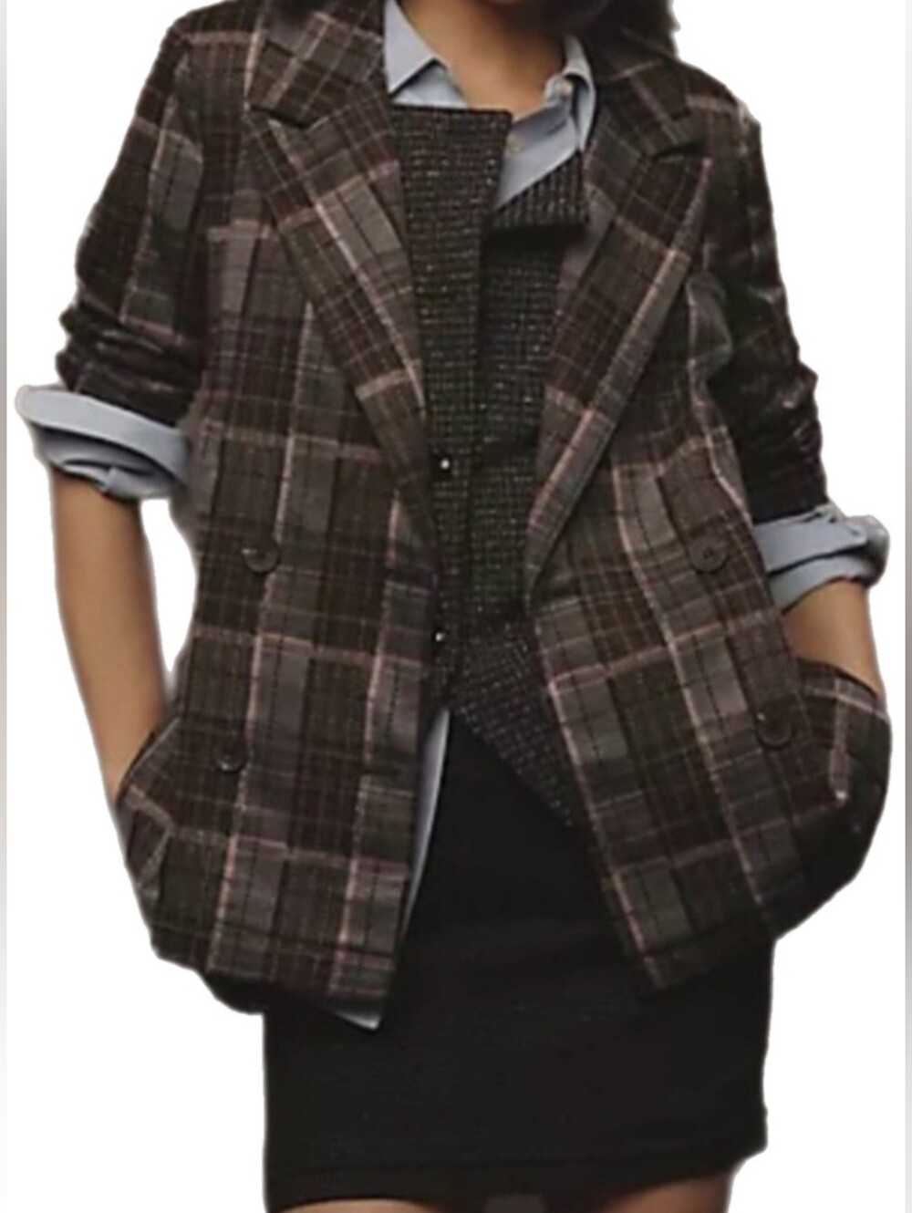 Avec Les Filles Tailored Double-Breasted Knit Plaid Blazer in Brown Combo